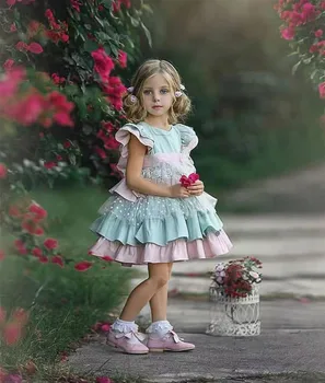 0-12Y Dieťa Dievča Leta Zelená Ružová Vintage španielsky plesové Šaty, Lolita Princezná Čipky Šaty pre Dovolenku Bežné 14643