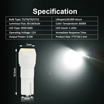 10Pcs Super Jasné LED Žiarivka T5/74/70 5050Smd Auto Panel Rozchod Dash Žiarovka Tabuli združenom Svetlo Canbus bez Chýb