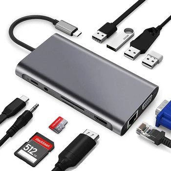 11 v 1 USB C HUB na Multi USB 3.0 Adaptér Dokovacej stanice pre MacBook Typ C 3.1 Splitter 3 Port Notebooku dokovacej stanice VGA HD 77688