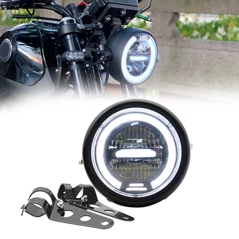 12V 6.8 palcový Cafe Racer Vintage Motocykel LED lampa Vzdialenosť Svetlo Motocykel Reflektor Biely DRL Halo Krúžok+Držiak