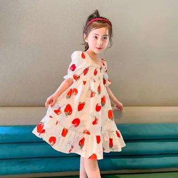 2-7 ročná dievčina jahodová tlač šaty letné dievča nový štýl zahraničných štýl krátky rukáv bavlna pláži dovolenku šaty sukne 86334