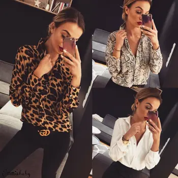 2019 Jeseň Ženy Leopard Tlač Dlhý Rukáv Tlačidlo T Shirt Príležitostné Voľné Módne Office Dámske Topy