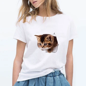 2019 Nové T-shirt Očarila 3D mačka Tlače Bežné Harajuku Žien T Letné Tričko Krátky rukáv 0-krku Estetické T Shirt Femme oblečenie