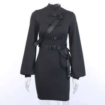 2020 Nový Gotický Punk Black Pracky Mini Bodycon Šaty Retro Svietidla dlhý rukáv Ženy Šaty Streetwear