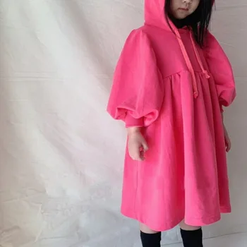 2021 detí nový jeseň šaty kórejská dievča roztomilý bublina rukáv pás Šaty s Kapucňou princezná šaty pre dievčatá 19648