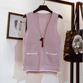 2021 jar nové kórejská verzia bez rukávov sveter ženy pulóver sveter vesta voľné V-neck top 21798