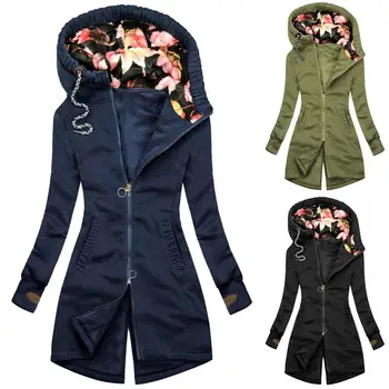 2021 New Women's Long-sleeved Jacket Floral Hooded Jacket Coat Jacket Zipper Irregular Floral Sleeve Length(cm) Pattern Type Age
