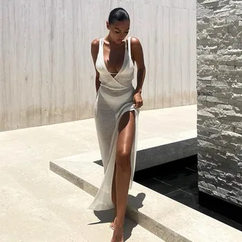 2021 Nové Háčkovanie Pletené Ženy Bikini zakryť syntakticky rozdelené Plaviek Backless Dlho Pareo Sexy Tuniky Plážové Šaty Cover-up Plavky