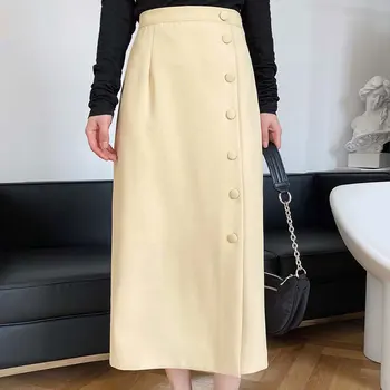 2021 Ženy Jar A-Line Sukne S Vysokým Pásom Jediného Tlačidla Dizajn Ženy Bežné Dlhé Sukne Femme Faldas Jupe Saia 6309