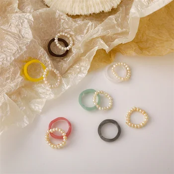 2ks/set Sladkovodné Perly Prstene Pre Ženy, Dievčatá, Živice, Akrylové Prst Prsteň kórejský Štýl Krúžky Ženské Šperky Bague