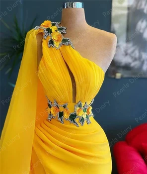 Arabský Žltá Lištovanie Celebrity Šaty Jedno Rameno Morská víla Šaty Ples Pre Ženy Dlhé Večerné Šaty платье 2021 Vestidos 7322