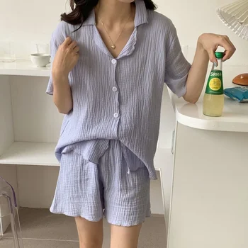 Bavlna Odev kórejský Pyžamá pre Ženy Lete Komplet Pyžamo Femme Pure Color Jednoduchosť Pijamas Krátky Rukáv Salónik Nosenie