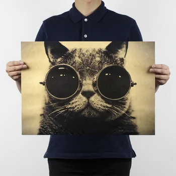 Cool Cat S Okuliare Zobraziť Slogan Dizajn Budovy/ Kraft Papier, Samolepky na Stenu Bar Retro Plagátu Dekoratívne Maľby 51x35cm