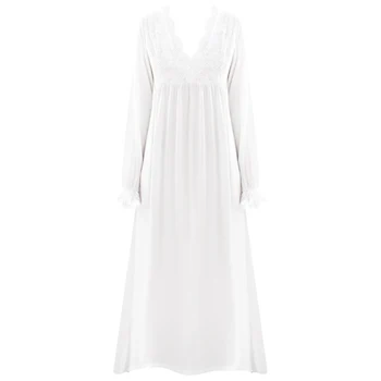 Dlhé Rukávy Nightdress Ženy Salónik Vintage Princezná Čipky tvaru Bavlna Biela Dlho Nightgown jednofarebné oblečenie pre voľný čas Spánku Šaty