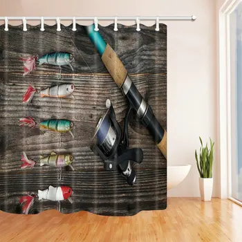 Drevené Sprchový Záves Rybárske Potreby Záclony Kúpeľňa Dekorácie Polyester Textílie Vaňou Záves S Háčikmi Nepremokavé 4598
