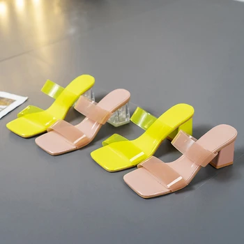 Dámske Sandále 2021 Dom Papuče PVC Candy Farby Crystal Podpätky Žltá Samica Papuče Plus Veľkosť 42 Ručné Vysoké Podpätky Papuče