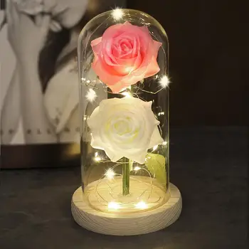 Enchanted Navždy Ruže Kvet V Skle LED Svetlo, Dve Ruže Valentína, Deň matiek, Dekorácie, Priateľka, Matka Darček 18344