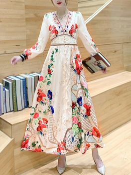 Fitaylor Jar Jeseň Ženy Elegantné Tlač tvaru Dlhý Rukáv Šaty Vintage Lady Vysoký Pás Singel svojim A-line Dlhé Šaty
