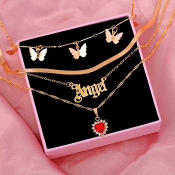 Flatfoosie 4Pcs/set Zlatá Farba Kovové Viacvrstvové Anjel Choker Náhrdelník Krištáľové Srdce Motýľ, Prívesky, Náhrdelníky Ženy Šperky 1773