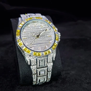 Hip Hop MISSFOX Jedinečný Yellow Diamond Pánske Hodinky Top Luxusné Značky Mille Ľadový Sa Pozerať Mužov Ocele, Quartz AAA Zlaté Náramkové hodinky