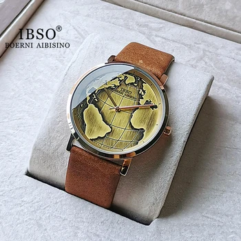 IBSO 2021 Nové Retro Pánske Hodinky s pravej Kože Top Značky Luxusné Módne Mapu Quartz Hodinky Mužov Hodiny, Náramkové hodinky Relogio