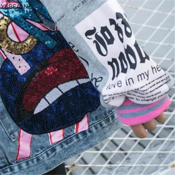 Jar, jeseň fashion flitrami cartoon leopard džínsové bundy voľné Lady streetwear coats