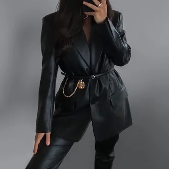 Jeseň bunda ženy kožená bunda vintage dlhá srsť ženy pu faux kožený kabát s drážkou singel svojim sako streetwear 2021