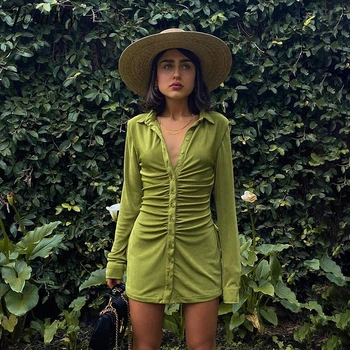 JusaHy Základné Zelená Flanelové Skladaný Bodycon Šaty pre Ženy Elegantné Idylic Bežné Dlhý Rukáv Velvet Mini Šaty Žena 2021 Nové