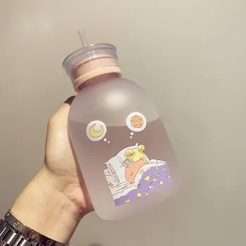 Kawaii Fľaša na Vodu S Slamy 500 ml Prenosné Transparentný Matný nepriepustných Roztomilý Vody Fľaša Plastová Fľaša na Nápoj 25052