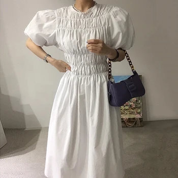 Korejpaa Ženy Šaty 2021 Lete Kórejský Elegantné Sladké Veku-Zníženie Skladaný Chudnutie Solid Farba Svietidla Rukávy Veľká Swing Vestido