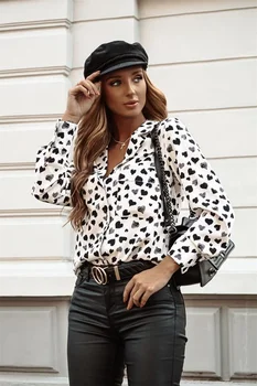 Košieľka Femme 2021 Módy Blúzky, pre Ženy Oblečenie Srdce Leopard Dlhý Rukáv Office Ženská Blúzka Elegantné Košele Blusas