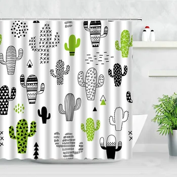 Kreslené Ručne Maľované Kaktus Vzor Sprchové Závesy Tropická Zelená Rastlina Deti Kúpeľňa Decor Obrazovky Deti Vaňa Opona Stanovuje