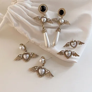 Kórejský Módne vintage Srdce Anjel Krídla Pearl Náušnice kvapka pre Ženy Retro Elegantné visieť Náušnice Estetické vyhlásenie Šperky