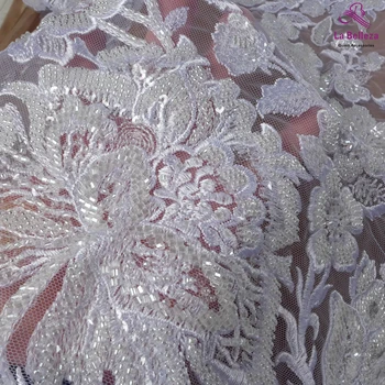 La Belleza nových ťažkých korálkové svadobné šaty textílie, čipky čisto biele korálky, flitre čipky textílie veľké kvety vzor čipky 1 yard