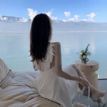 Letné dámske Letné Sundresses Sexy Backless Biele Pláže Šaty 2021 Krídla Dovolenku Šifón Šaty Popruh 3504