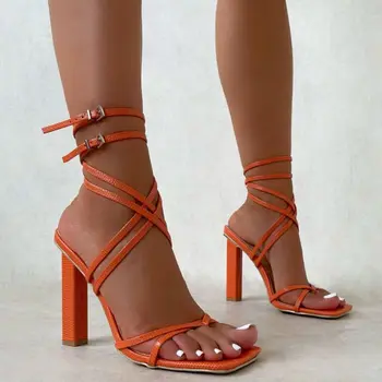 Letné ženy sandále úzke pásmo vintage štvorcové prst vysoké podpätky kríž popruhu remeň sandále ženy tvaru dizajn topánky ženy