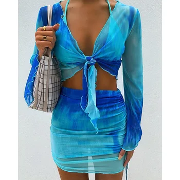 Leto Dve Kus Ženy Blue Print Oblek Dámy Dlhý Rukáv, Krátke Sukne tvaru Bazén Čistý Priadza Priedušná Oblek