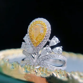 Luxusné 925 Sterling Silver Pásma Yellow Crystal Hruška Zirkón Koruny Prst Krúžky Zásnubný Prsteň pre Ženy Šperky 15112