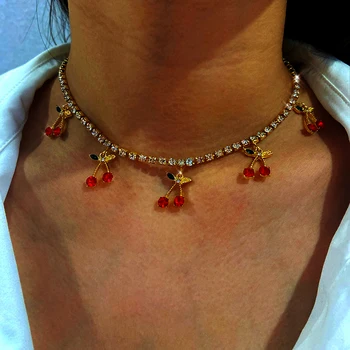 Luxusné Červené Cherry Crystal Prívesok žien Náhrdelník Svieti Drahokamu Tenis Reťazec Choker Náhrdelníky visí ružové Party Šperky