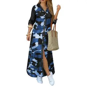 Móda Ženy Šaty s Dlhým Rukávom Kvety Leopard Camo Tlače Split Lem Maxi Tričko Šaty Žien Oblečenie Čierne S-3XL vestidos 2021 5776