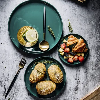 Nordická zelená keramické dosky Ovocné šaláty sushi tanier dezertný kolo slúžiace zásobník ozdobného porcelánu riad večera sady riadu 31042