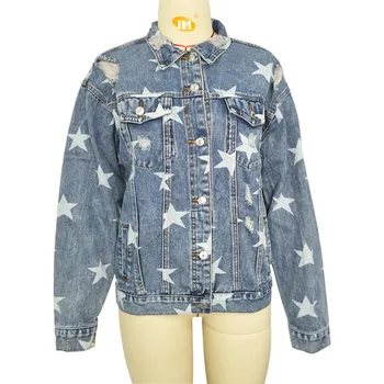 Nové Európske a Americké nové príležitostné päť-špicaté hviezdy denim jacket ladies trend 16409