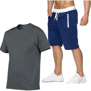 Nové pánske letné značky vyhovovali priedušná pohodlné bežné nosenie fitness športové krátke rukávy T-shirt + šortky 2-dielna sada S-XXL 11061
