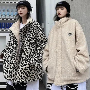 Obe Strany Nosenie Bunda Imitácia Baránok Cashmere Leopard Tlač Vetrovka Ženy Zimné Harajuku Streetwear Voľné Retro Trendy Vrchné Oblečenie