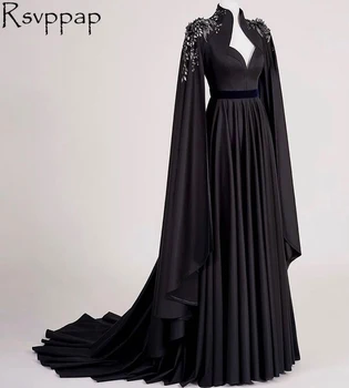 Perlové Dlhý Rukáv, Čierna Dlhé Večerné Šaty 2021 Elegantné Vysoká Krku Satin A-line v Dubai Moslimských Žien Strana Formálne Večerné Šaty 6055