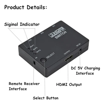 PzzPss HDMI Prepínač 3 V 1 Z 3 Porty Rozbočovač Políčko Autom. Prepnutie 1080p HD 1.4 S Diaľkovým pre HDTV XBOX360 DVD Projektor