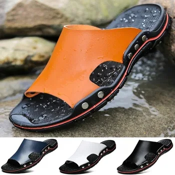 Pánske Flip Flops Luxusné Kožené Papuče Pláži Príležitostné Letné Sandále Muži Móda Topánky Nové 2021 Veľká Veľkosť 43 32024