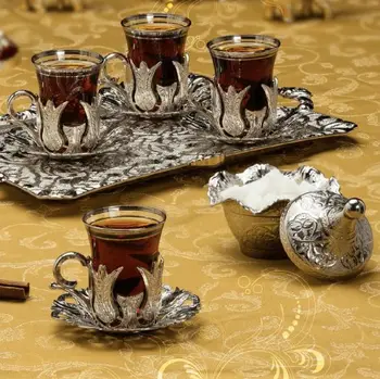 Pätnásť kusov pre turecký Čaj Silver Štyri Osobnosti Čaj Nastaviť Vody a obdĺžnikové čaj nastaviť prezentáciu zásobník a cukru v miske 25962