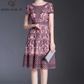 Qian Han Zi 2020 plus veľkosť šaty módne letné šaty Dámske krátky rukáv vysokej kvality strany vintage Slim Vyšívané šaty