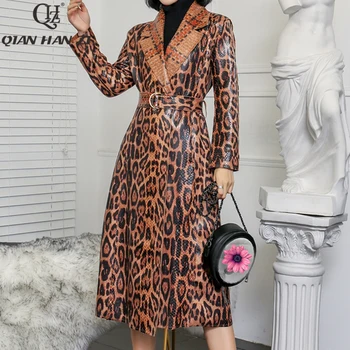 Qian Han Zi 2020 Žien Bežné Leopard zákopy srsti nadrozmerná Vintage Had lakovanej kože Umyté Outwear Pás slim Oblečenie 38978